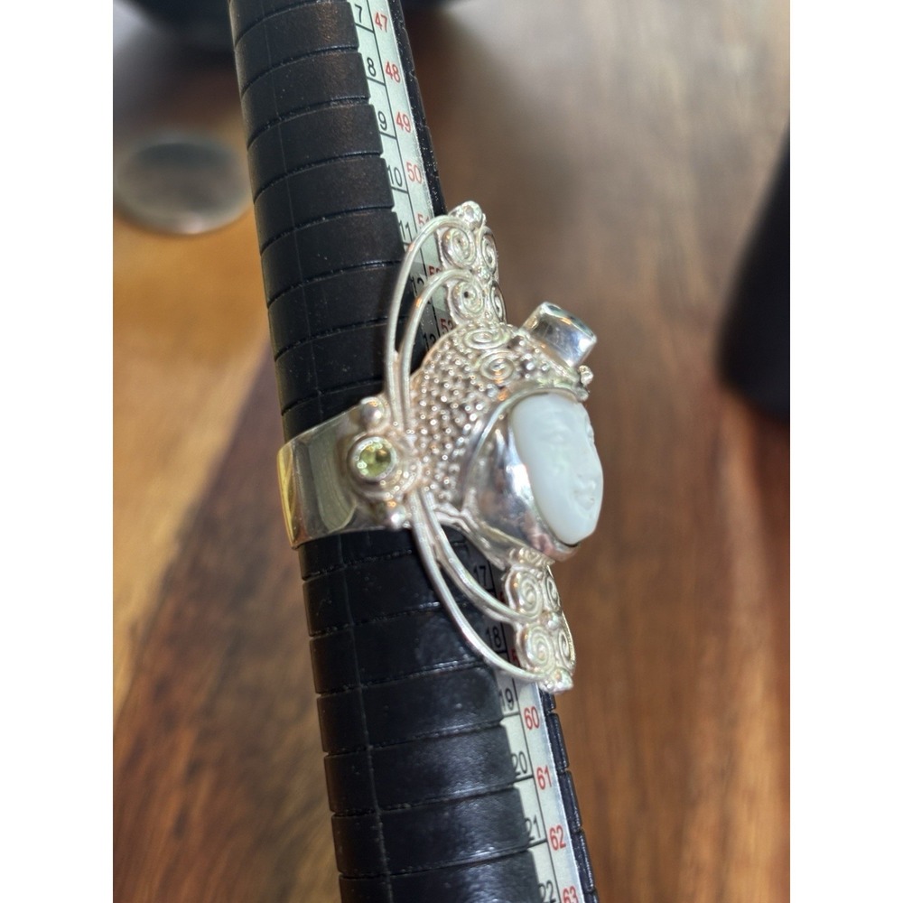 Sagen Mother Of Pearl Carved Goddess Blue Topaz Ring Sterling Silver Size 7.75 - Picture 8 of 11